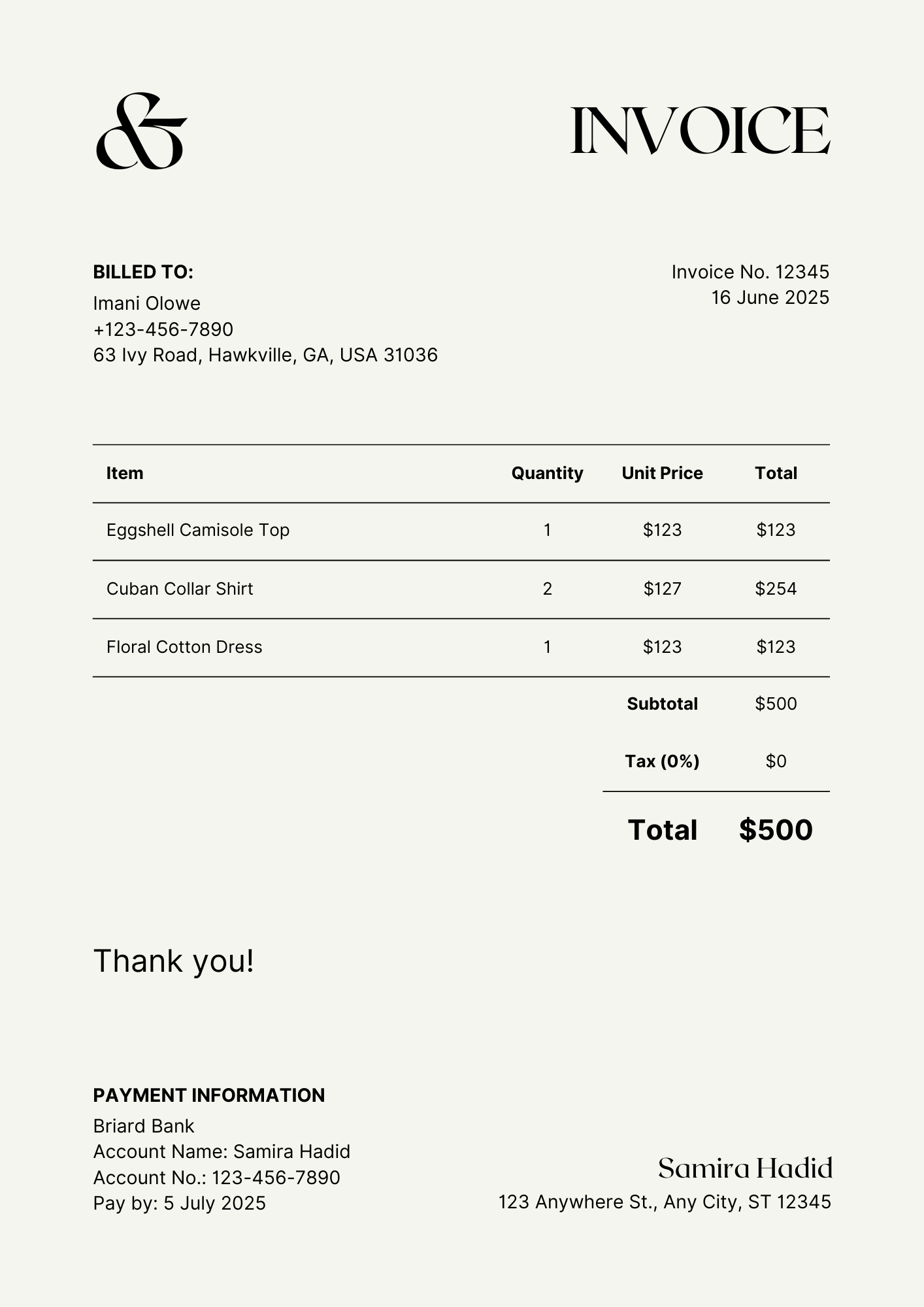 Fashion Invoice